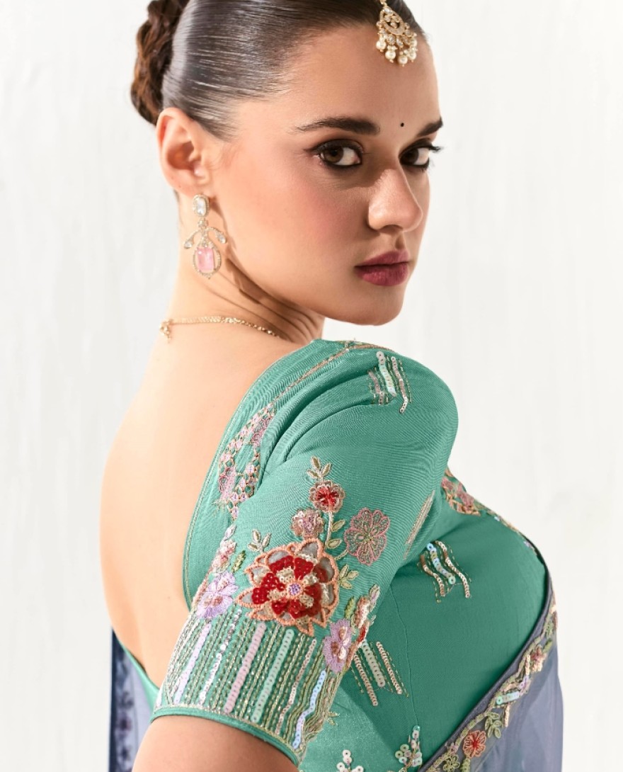 2217 - Mesmerizing Dusty Blue Border Work Tissue Silk Engagement Wear Saree